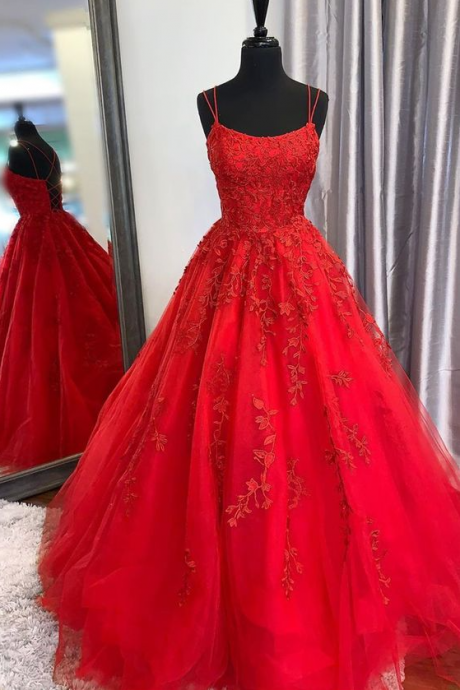 Long Red Prom Dresses, Red Tulle Prom Dresses, Spaghetti Strap Red Prom Dresses, Appliqued Red Prom Dress,pl2527