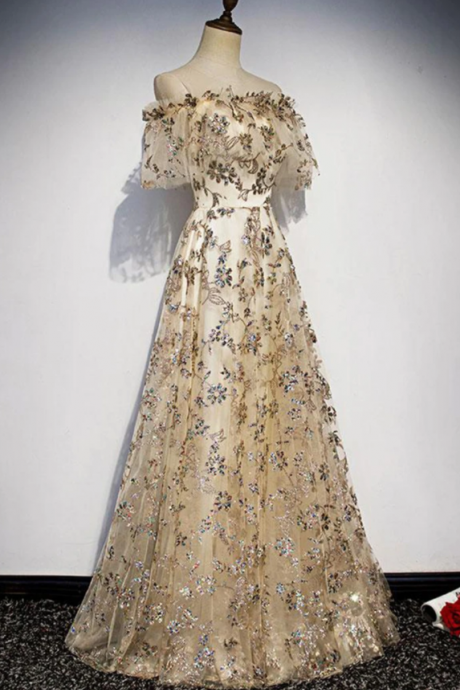 Gold Floral Printed Lace Off Shoulder Long Evening Dress, Prom Dress,pl2529