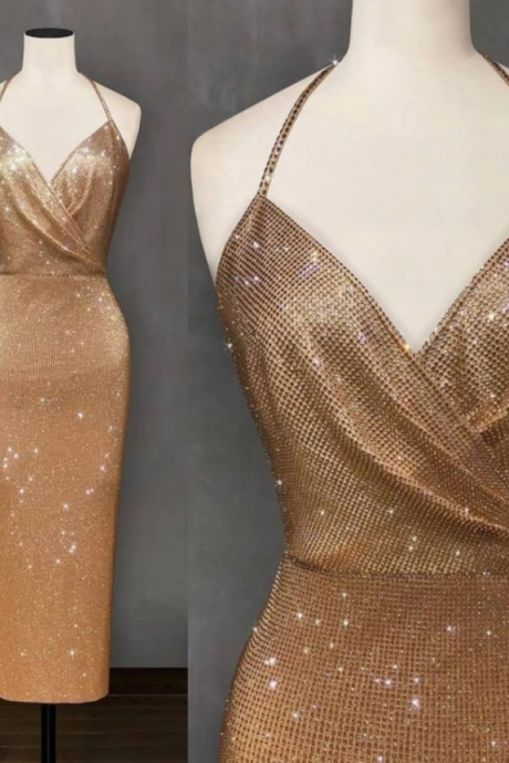 Sexy Halter Gold Sequins Tea Length Party Dress Long Prom Dress,pl2530