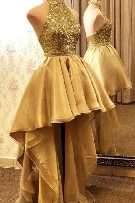 High-low Halter Prom Dresses Gold Backless Evening Party Gownspl2532
