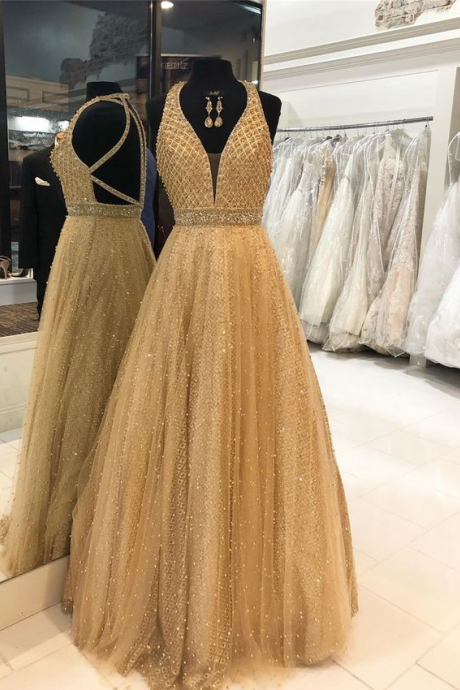 Halter Sparkle Gold Long Prom Dress With Beaded Belt,pl2534