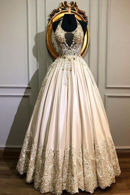 Cute Lace Long Prom Dress,gold Evening Dress,pl2535