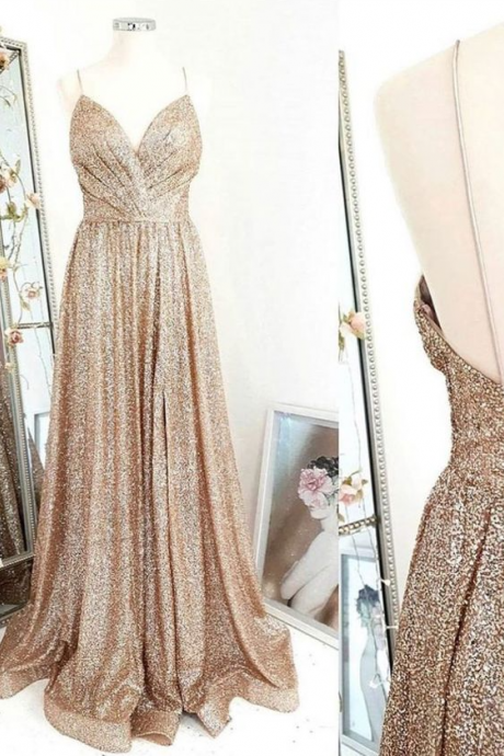 Gold Sequin Long Prom Dress Gold Evening Dress,pl2537