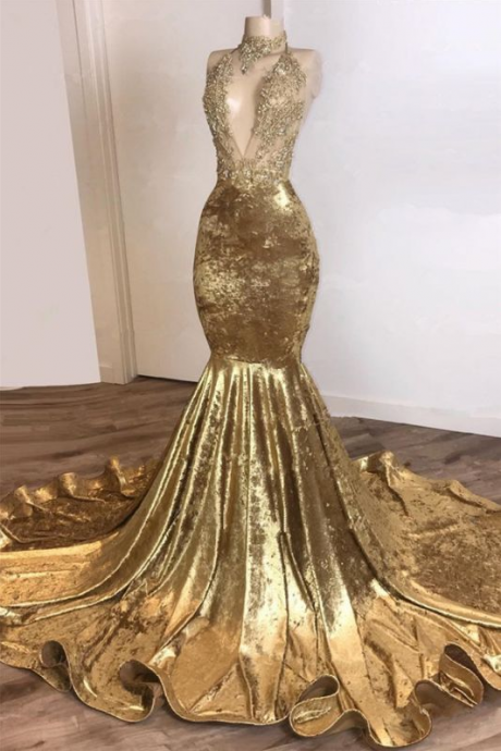 Halter Backless Gold Prom Dresses With Beads Appliques | Mermaid Velvet Sexy Evening Gowns ,pl2540