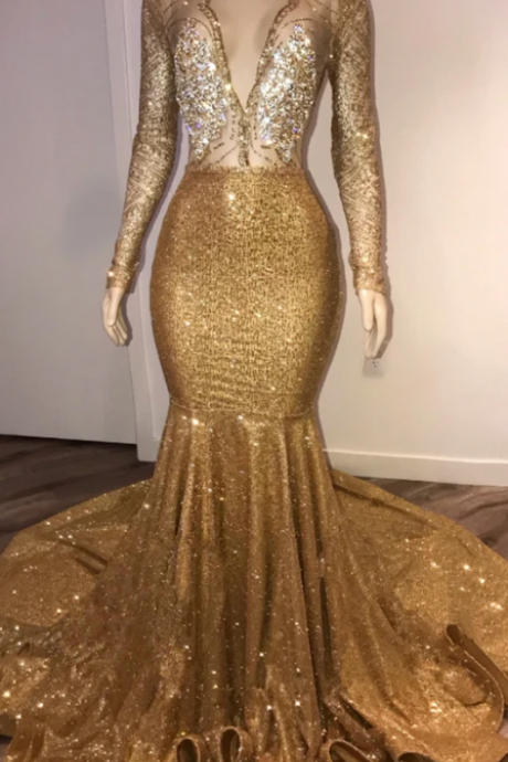 Black Girl Prom Dresses Open Back Gold Prom Dresses Cheap with Choker | Long Sleeve Mermaid V-neck Sexy Evening Gowns with Crystals,PL2541