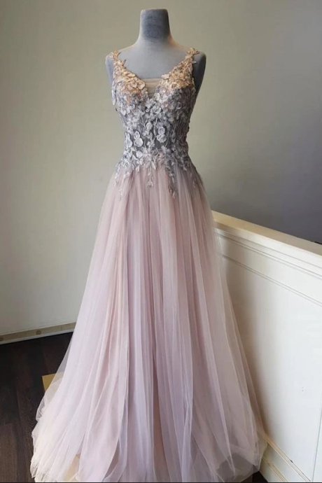 Pink V Neck Lace Long Prom Dress Evening Dress,pl2575