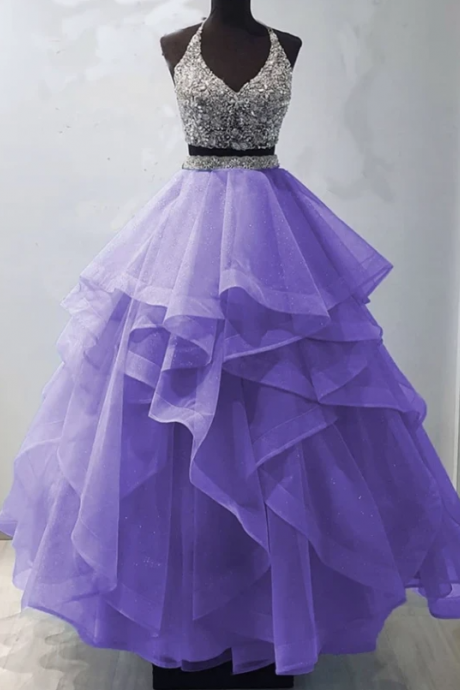 Two Pieces Tulle Beads Long Prom Gown Evening Dress,pl2577