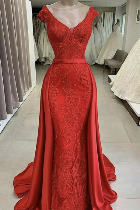 Red Lace Long Prom Dress Mermaid Evening Dress,pl2582