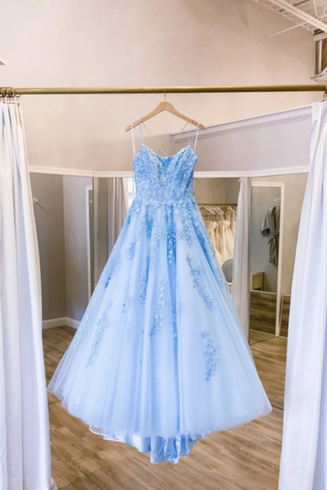 Blue Tulle Lace Long Prom Dress Blue Evening Dress,pl2590