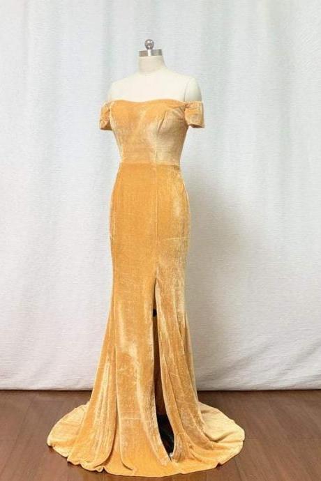 Velvet Bridesmaid Dress 2020 Mermaid Gold Burnt Orange Velvet Long Prom Dress With Slit & Short Sleeves,pl2608
