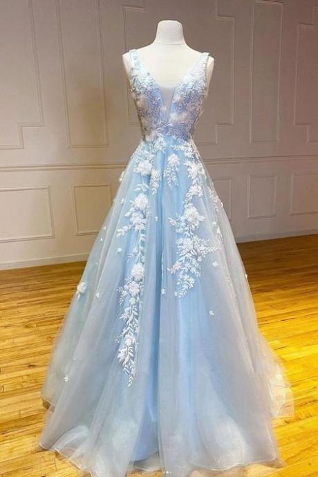 Blue V Neck Tulle Lace Long Prom Dress Blue Lace Evening Dress,pl2614