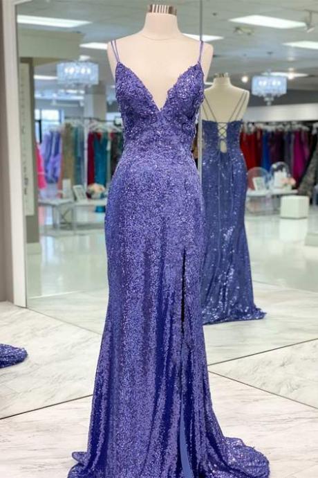 Tight Purple Sequined Long Prom Dress With Slit,pl2618