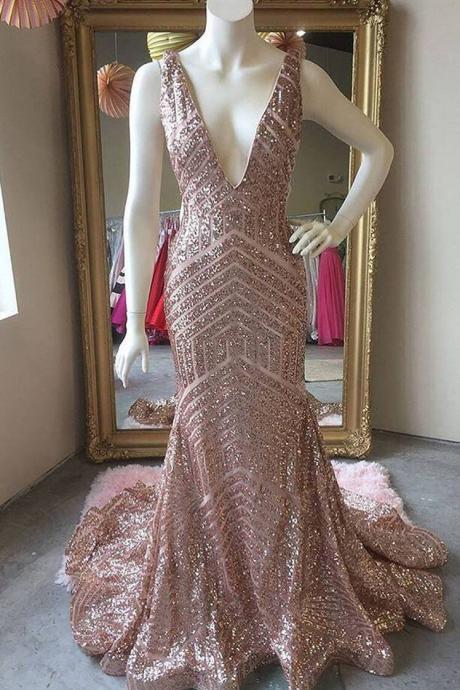 Deep V-neck Mermaid Rose Gold Sequins Long Prom Dress,pl2619
