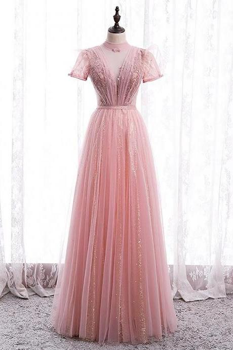 Elegant Prom Dress Embroidered With Flowers And Glitters // Embroidered Prom Dress // Bridesmaid Dresses Pink / Sleeveless Prom Dress,pl2625