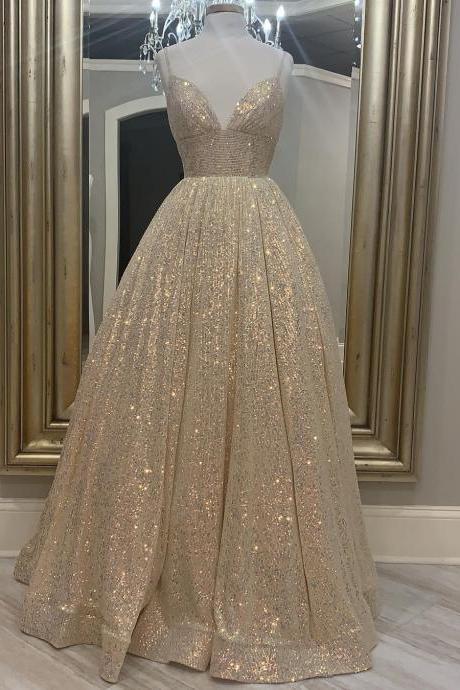 Champagne Glitter A-line Long Prom Gown,pl2631