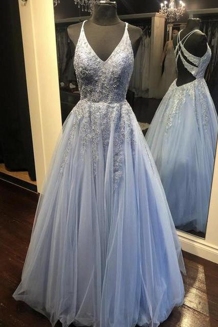 Blue V Neck Tulle Lace Long Prom Dress Evening Dress,pl2657