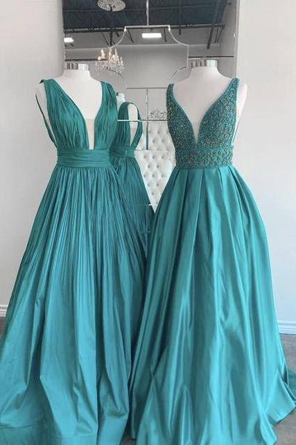 Blue V Neck Satin Long Prom Dress Blue Evening Dress,pl2660