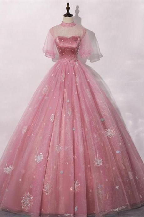 Blush Pink Quinceanera Dress Zipper Back Prom Masquerade Dress A-line Wedding Dress Floor Length Shigh Neck Bridal Gown Short Sleeves,pl2665