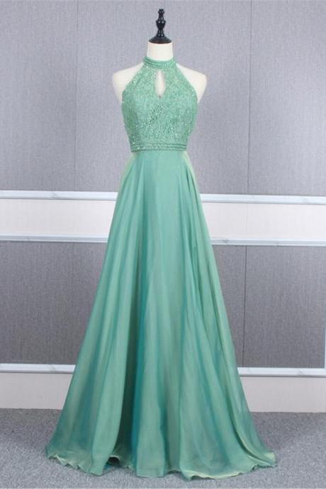 Halter Sleeveless Prom Dress Green,lace Prom Gown,beaded Bridesmaid Dress,long Bridal Dress,green Chiffon Prom Gown,pl2669