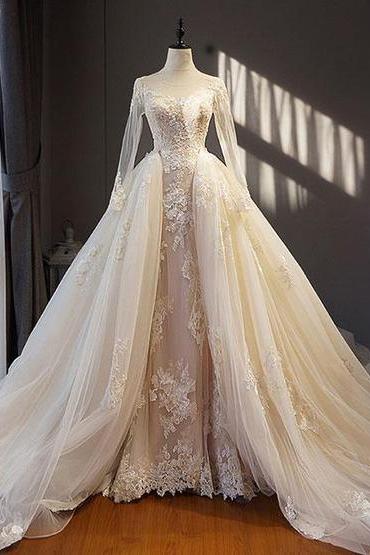 Unique Champagne Tulle Lace Long Prom Dress, Champagne Wedding Dress,pl2672