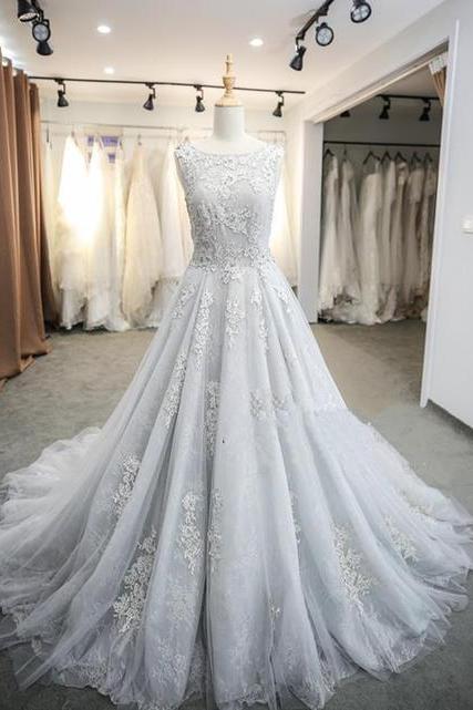 Light Sliver Grey Round Neckline Long Formal Gown, Grey Tulle Prom Dress,pl2674