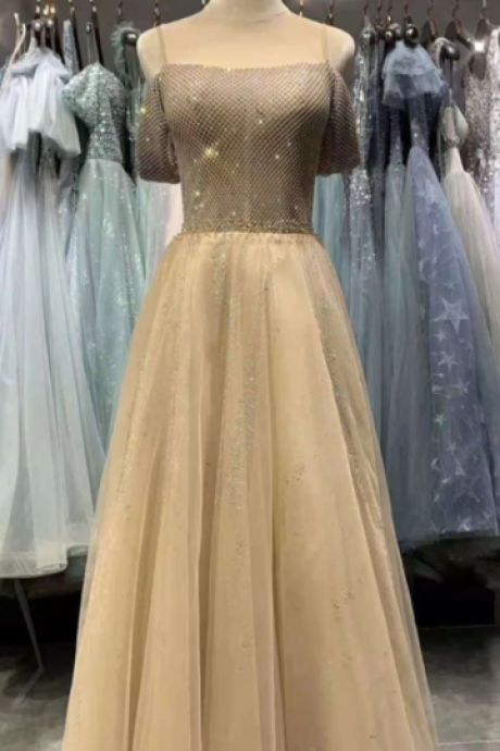 Gold Champagne Bead Shiny Tulle Gorgeous Prom Dresses,pl2683