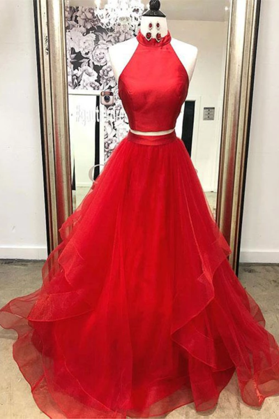 Stylish Two Piece Red Long Prom/evening Dresses With Ruffles,pl2703