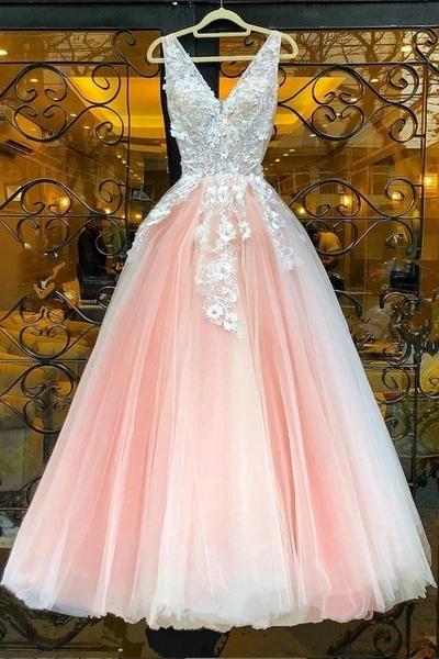 Gorgeous A Line V Neck Pink Tulle Long Prom/evening Dresses With Appliques,pl2704