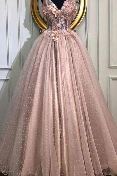 A-line V-neck Tulle Long Prom Dresses, Pearl Pink Appliques Formal Evening Dress,pl2706