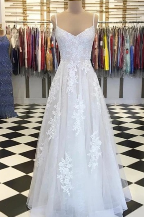 Creamy Tulle V Neck Custom Made Long Prom Dress, Evening Dress With Applique,pl2707