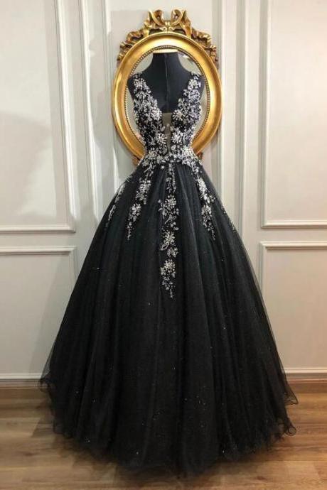 Black V Neck Tulle Long Prom Dress, Black Tulle Evening Dress,pl2710