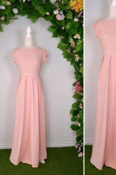 Vintage 60s Pink Cocktail Dress Long 1960s Evening Gown Pearls Bow Party Ball Wedding,pl2714