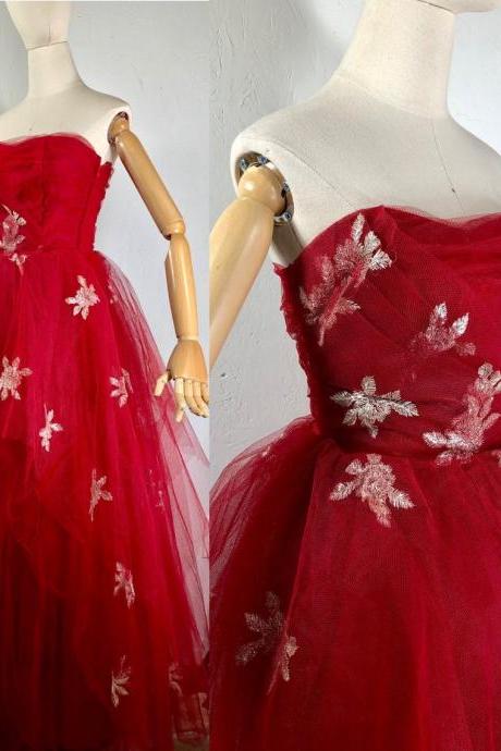 Vintage 50s Prom Dress / 1950s Red Tulle Ball Gown Evening Dress / Strapless Long Formal / Silver Metallic,pl2716