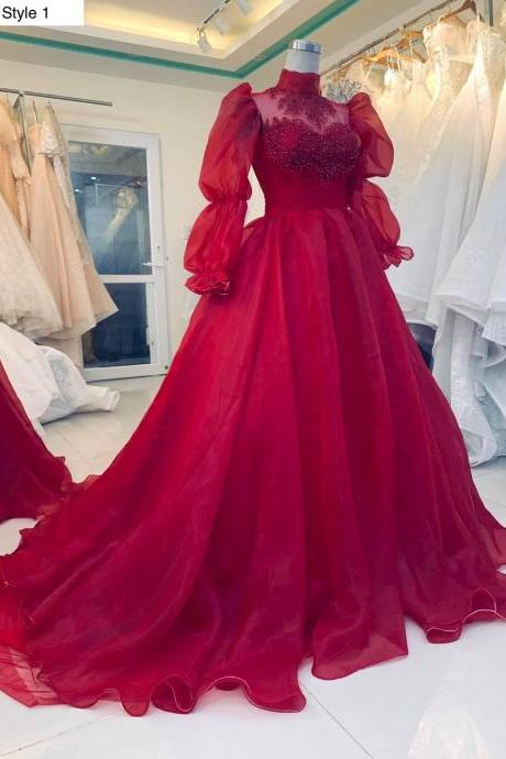 Red Long Or Short Sleeve Tulle Ball Gown Wedding/prom Dress With Train - Various Styles,pl2718