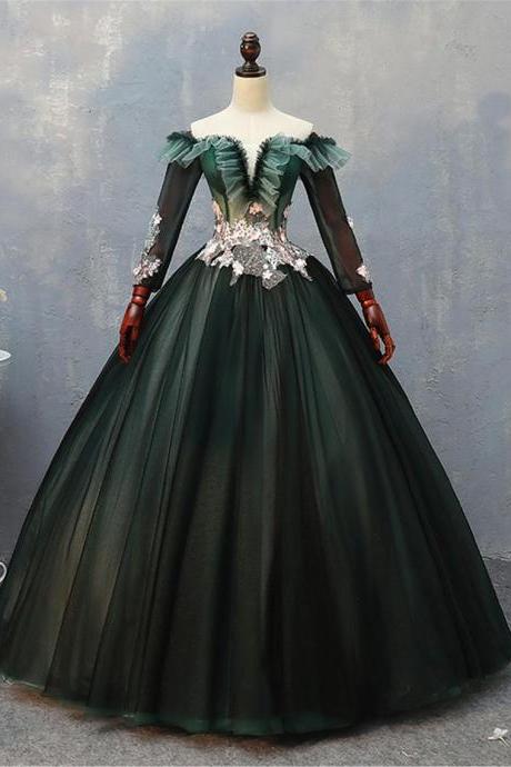 Emerald Green Quinceanera Gown Off-the-shoulder Prom Dress 3d Lace Appliques Masquerade Prom Dress Long Sleeves Bridal Dress Floor Length,,pl2719