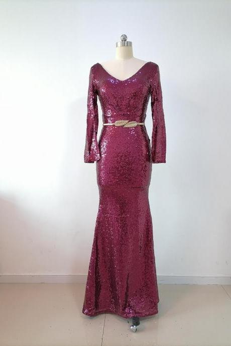 Evening Prom Gown Mermaid Dress Long V Neck Long Sleeves Sequins Women Formal Dress Homecoming Dresses Wedding Party Dress Bridal Gowns,pl2736