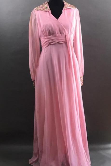 Vintage Formal Dress, Long Pink Chiffon Dress With Sash, Beaded Collar And Cuffs, Prom Dress, Long Sheer Sleeves,pl2737