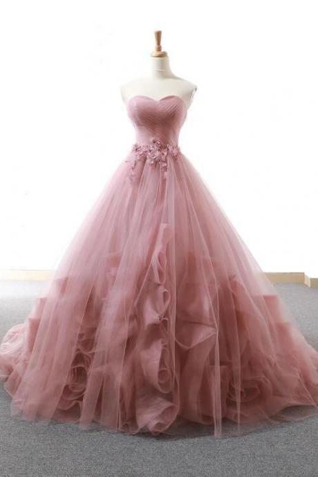 Pink Sweetheart Tulle Long Prom Gown, Tulle Evening Dress,pl2738