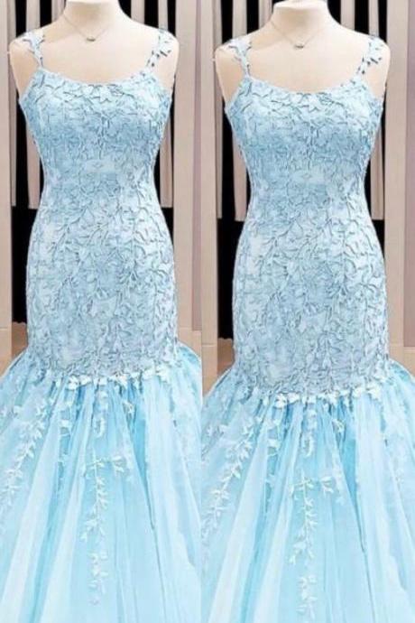 Light Blue Mermaid Prom Dresses Lace Embroidery With Straps,pl2740