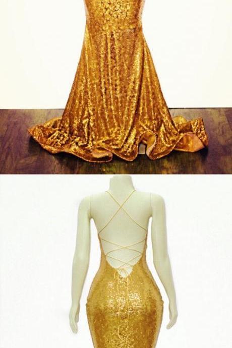 Gold Mermaid V-neck Cross Back Sequins Prom Evening Dresses,pl2741
