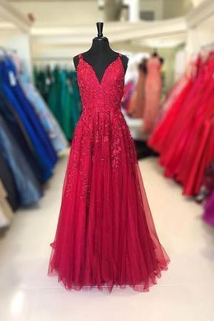 A-line Red Lace Long Prom Dress,pl2742