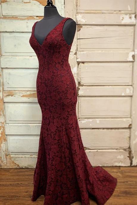 Mermaid Burgundy Lace Long Formal Gown,pl2745