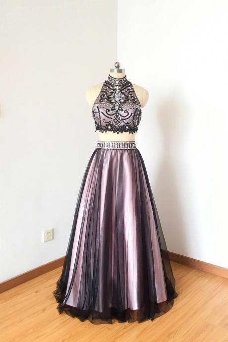 Handmade Two Piece Beaded Brown Long Prom Dress,pl2747