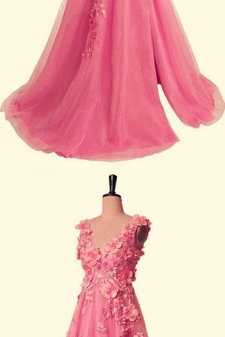 Blush Punk Tulle Prom Dresses Split Evening Gown With Flowers,pl2750