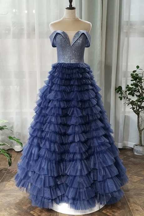 A-line Off-the-shoulder Royal Blue Long Prom Dresses Tulle Evening Dress,pl2754