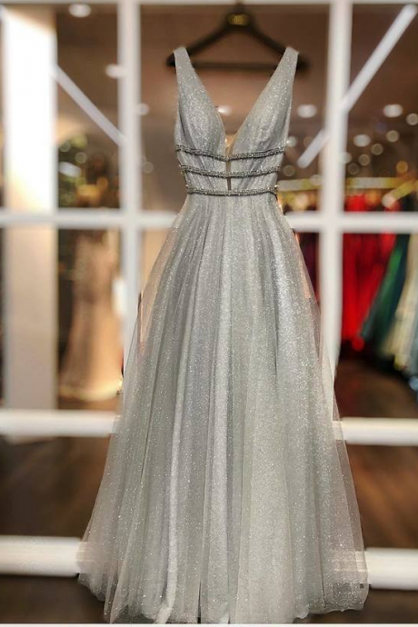Gray Prom Dress,tulle Prom Gown,v-neck Evening Dress,a-line Prom Gown,pl2755