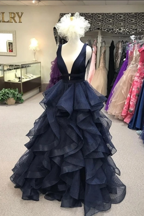 Navy Prom Dress,tulle Prom Gown,v-neck Evening Dress,a-line Prom Gown,pl2756