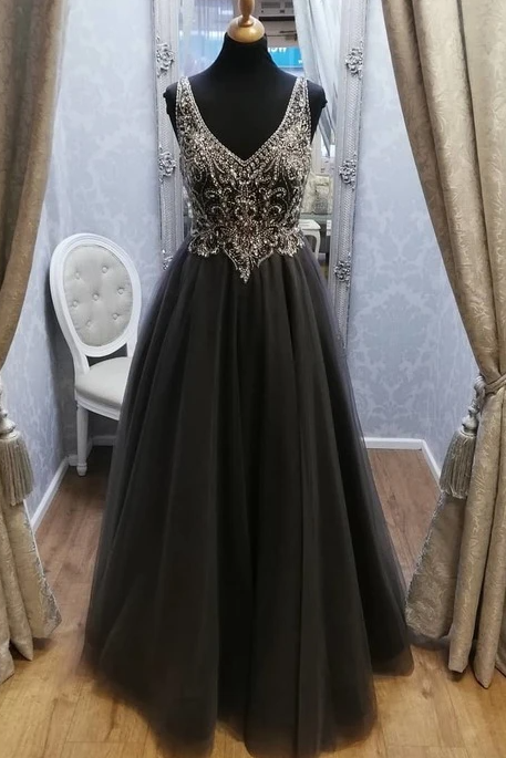 Black Prom Dress,tulle Prom Gown,beading Evening Dress,v-neck Prom Gown,pl2757