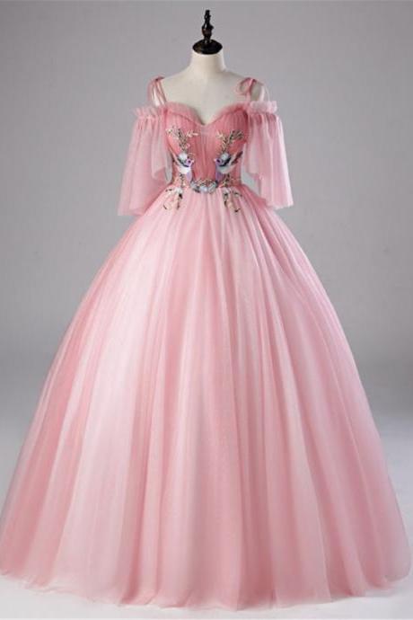 Romantic Pink Quinceanera Dress Illusion Sleeves Prom Dress Sweetheart Bridal Gown Spaghetti Strap Bridal Gown Lace Up Back Wedding Gown,pl2762