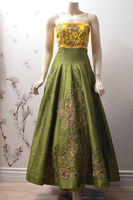 Green and yellow raw real silk (pure 100% silk) party dress/long dress holiday dress prom dress,PL2767